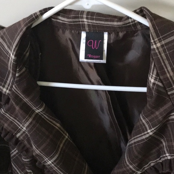 Brown Plaid Light Weight Jacket Poly Rayon Spandex - Picture 6 of 7